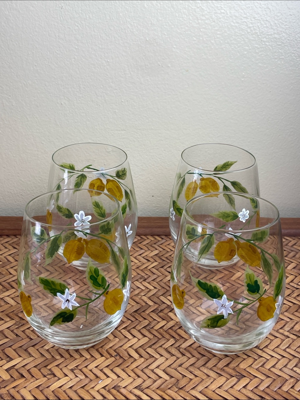 Stemless Hand Painted Lemons Wine Glass Set of Four